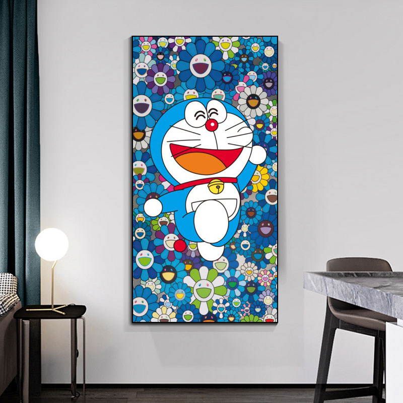 哆啦A梦装饰画客厅玄关村上隆笑脸太阳花挂画书房儿童房卡通壁画