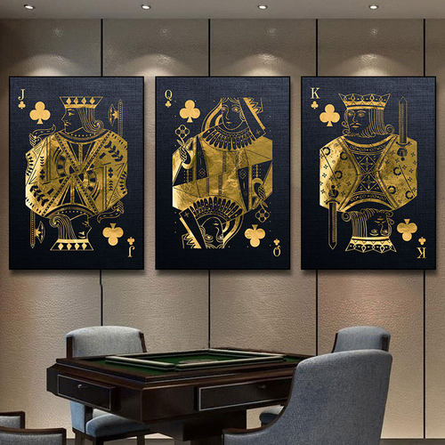 JQK德州扑克棋牌室挂画黑金轻奢麻将馆包间背景墙大小王装饰画