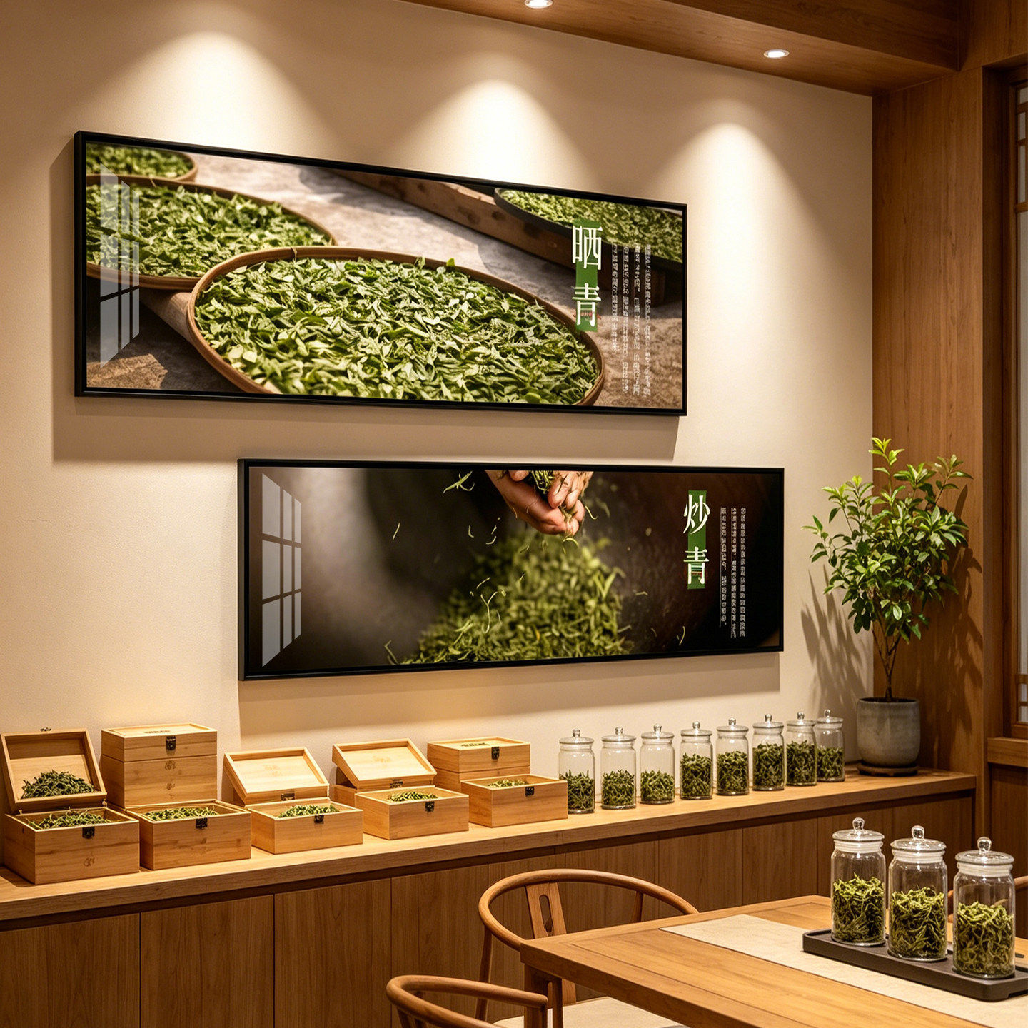 新中式茶室装饰画制茶摇青茶文化墙画茶叶店茶楼背景墙长条壁画