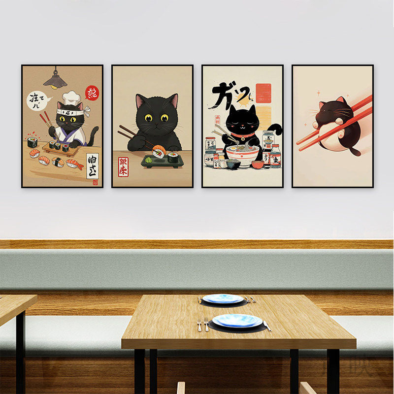 卡通猫咪招财猫装饰画日料店挂画居酒屋拉面馆日式餐厅寿司店壁画