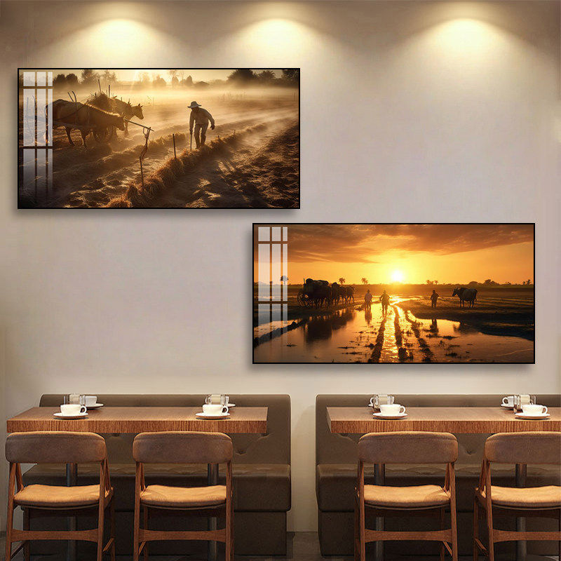 农家乐饭店餐厅墙面挂画农民农耕装饰画乡村风景耕田放牛劳作壁画