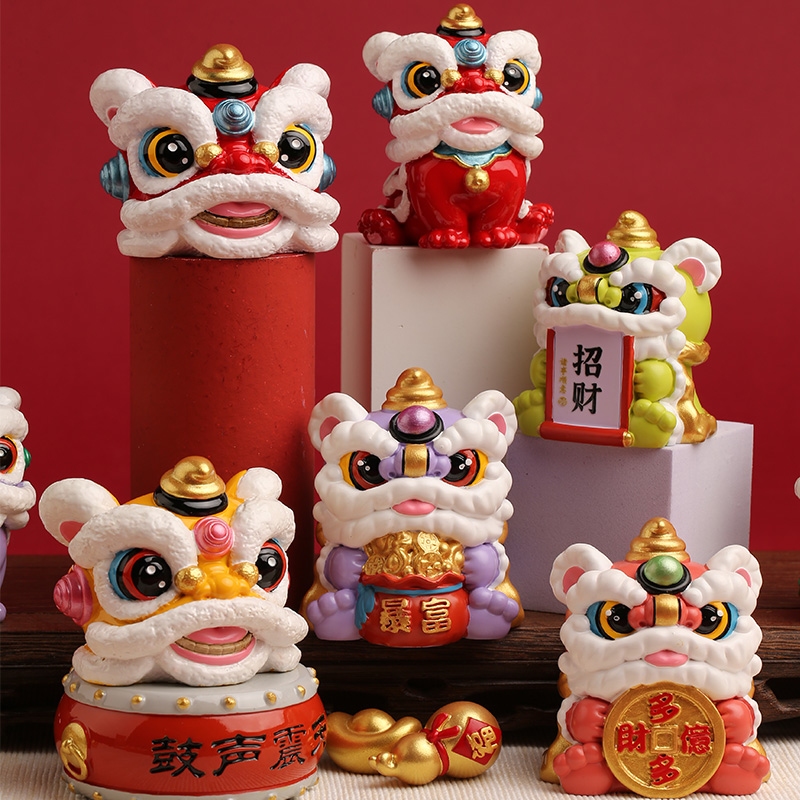 妙工坊国潮醒狮舞狮小摆件卡通喜庆招财桌面中控台装饰品创意礼物