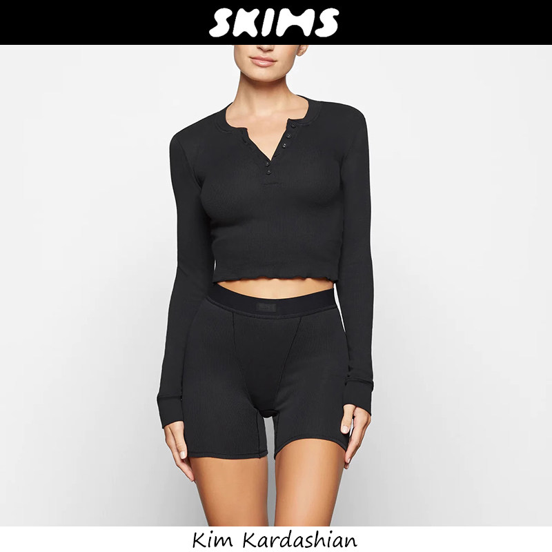 官方正品美国Skims长袖卡戴珊亨利领短款上衣休闲打底衫修身T恤女