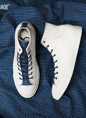BLESS SHOE 24SS indigo蓝染系列白色高帮帆布鞋拼色男女休闲板鞋