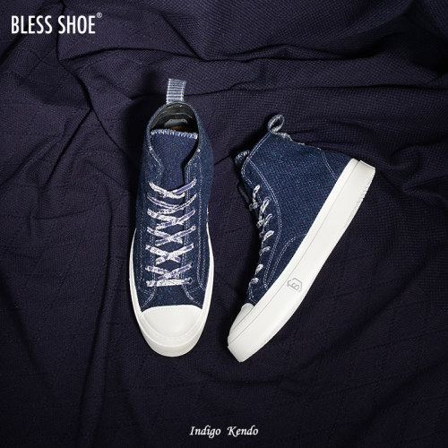 复古风手工蓝染刺子高帮休闲板鞋