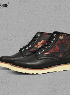 清仓特惠BLESS SHOE ROUND TOE 黑色真皮拼色圆头工装靴马丁男靴