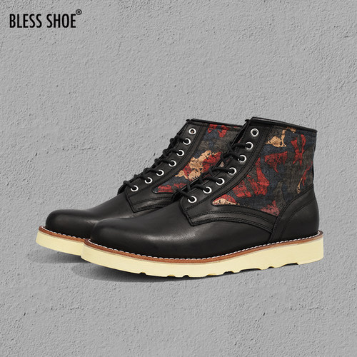 清仓特惠BLESS SHOE ROUND TOE 黑色真皮拼色圆头工装靴马丁男靴 - 封面