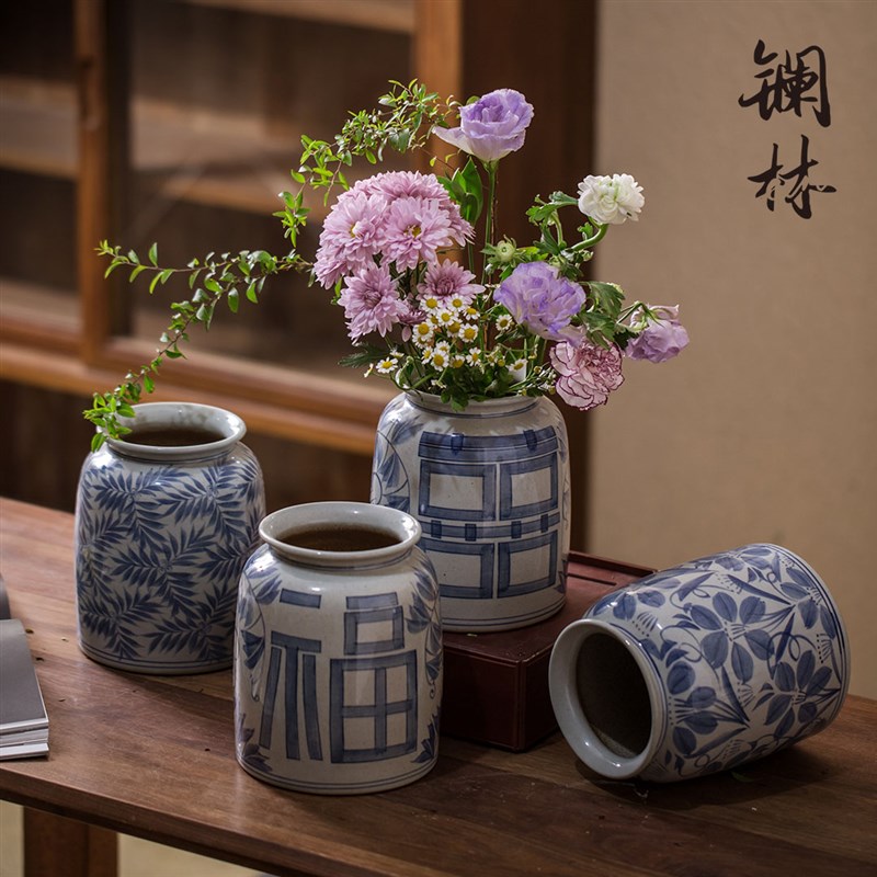 速发意瓶厅件手绘青花陶瓷瓶中式禅意复古陶罐创花茶室插花器客摆