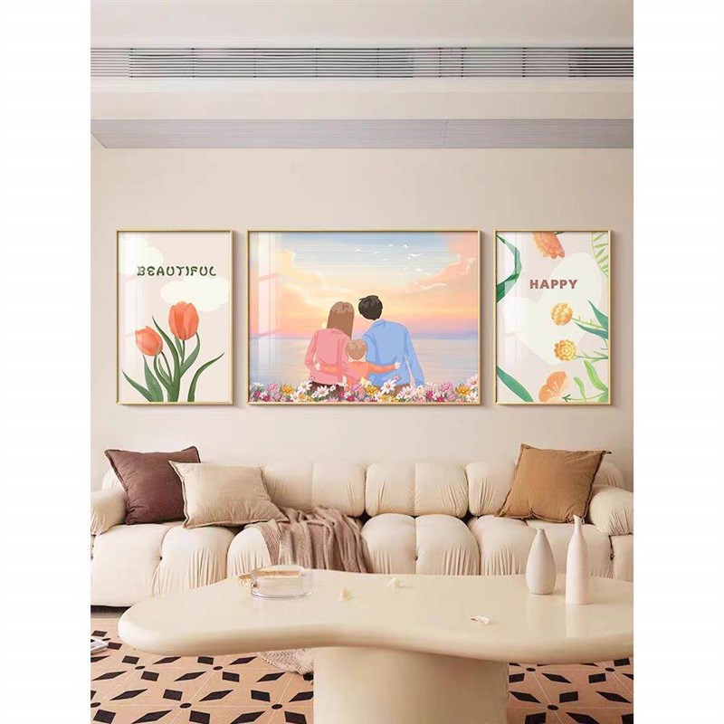 速发现代简约治愈系一家三口挂画三联画沙发背景墙壁画温馨客厅装
