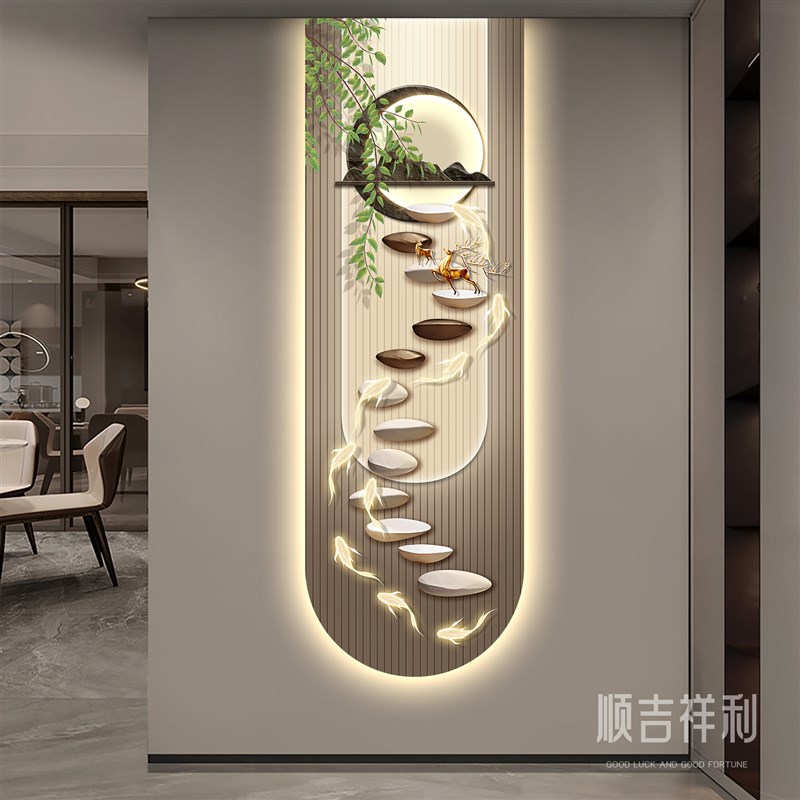 速发轻奢福鹿玄关装饰画高级感九鱼图入户正对门挂画2025新款带灯图片