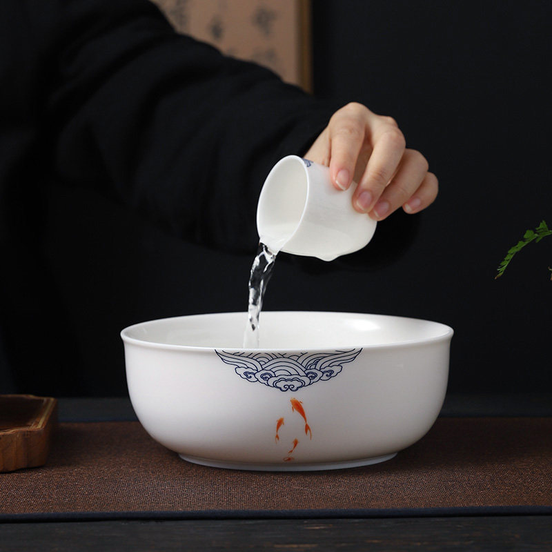 速发羊脂玉鱼戏茶洗缸特大号功夫茶具配件陶瓷茶渣缸水盂精品