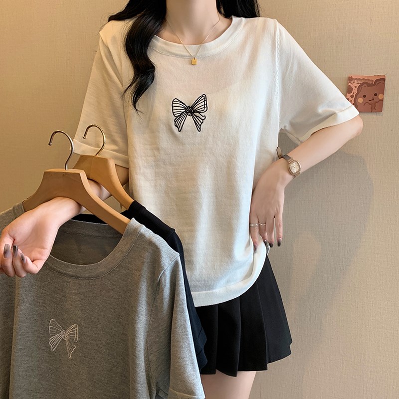 速发蝴蝶结绣花t恤夏季大码遮肚减龄百搭正肩上衣