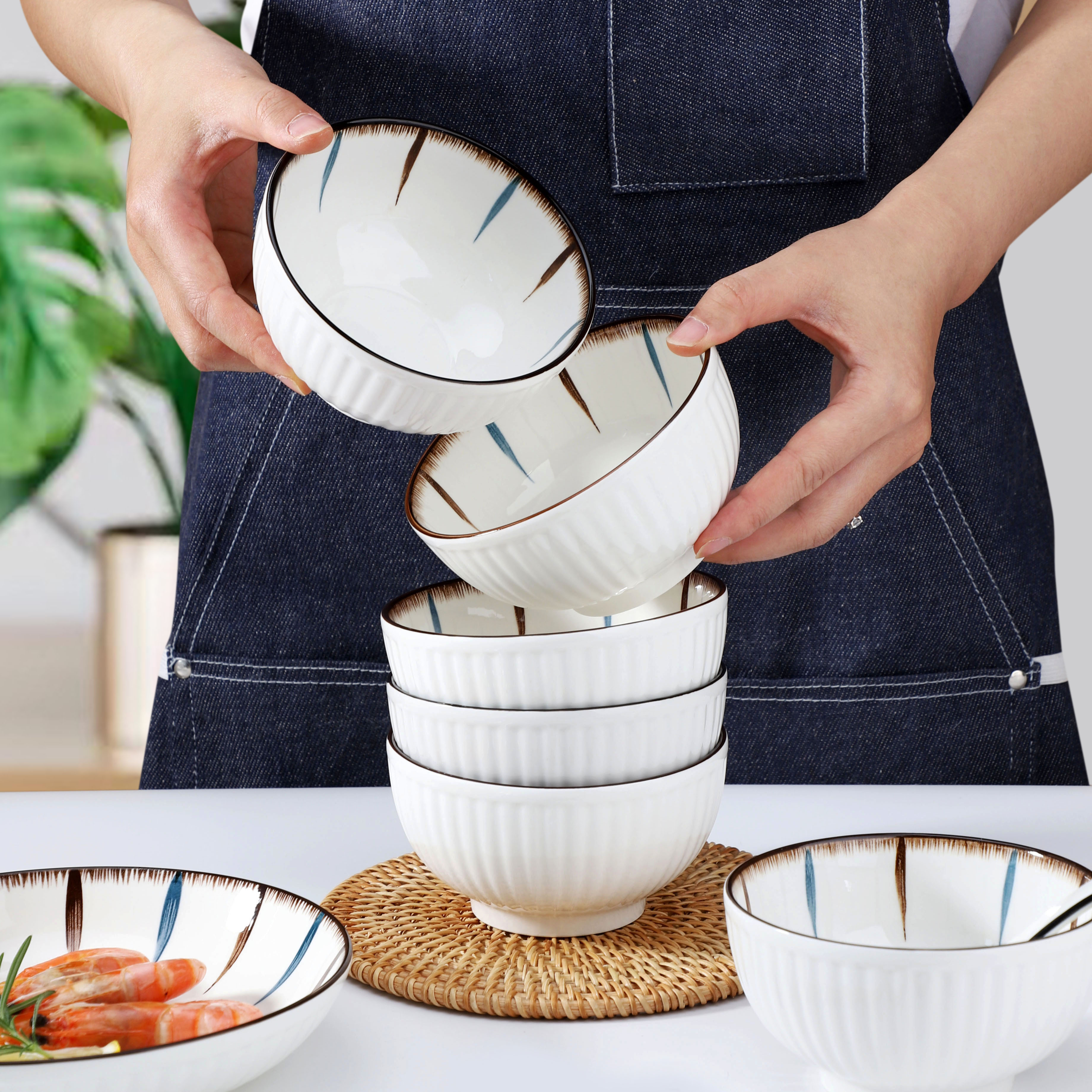 速发饭碗家用10个装陶防特别好看早餐古日式简约复碗4.5英寸瓷烫