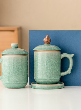 速发极素茶师手作冰花茶杯泡瓷马克杯带盖办公室茶水分离陶大杯子