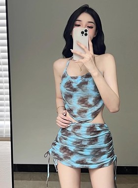 速发新款分泡蓝色哥特风度假显白体温泉遮肚小胸聚拢游