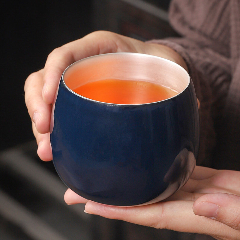 速发手作鎏银菩提叶茶杯茶碗陶瓷功夫茶具内胆鎏银主人茶杯品茗杯