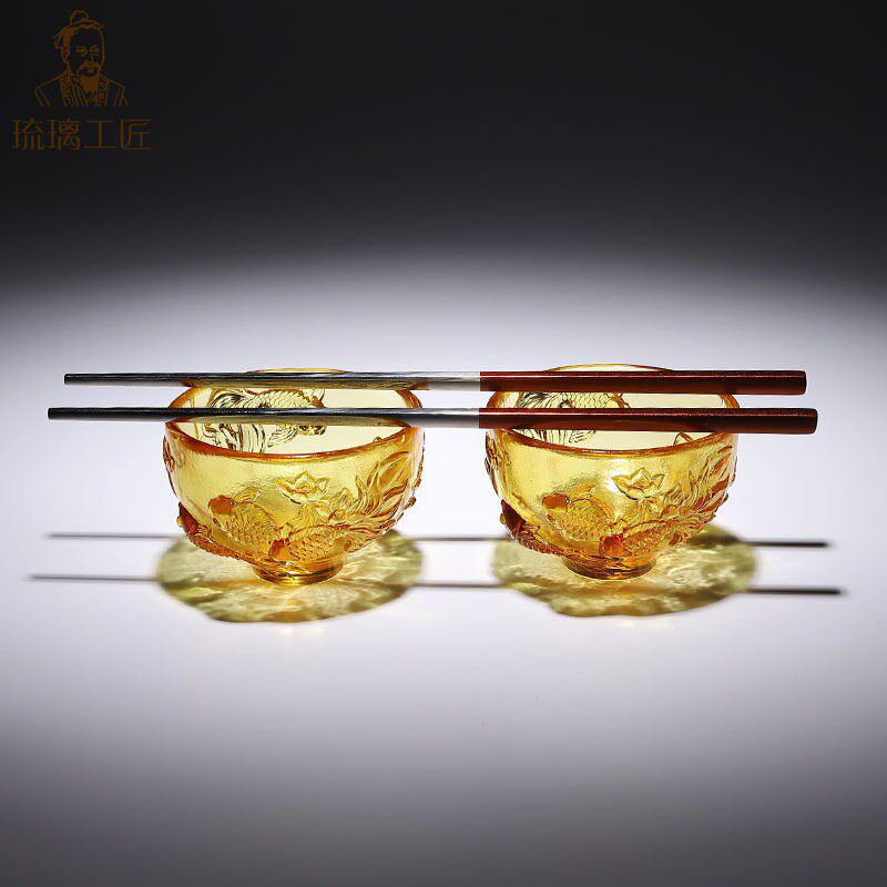 速发琉璃金玉满堂鱼碗摆件一对高档中国风礼物送老外创意特色工艺