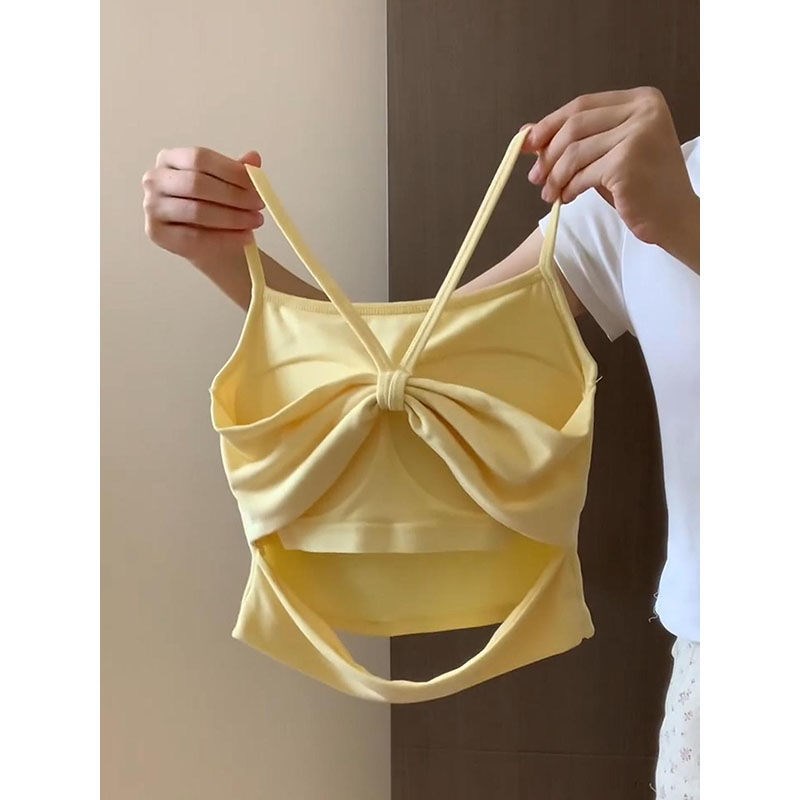 速发甜酷辣妹性感露背吊无一季款胸垫夏体小背心纯欲露背带袖上衣