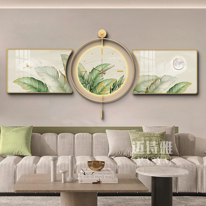 速发家大业发客挂装饰画带钟表小清新沙大背景墙厅画高级感三联画