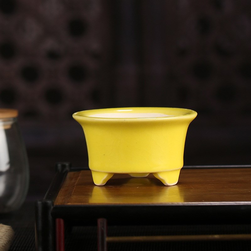 速发宜兴精品釉水紫砂花盆创意复古圆形桌面迷你多肉盆景YWX15