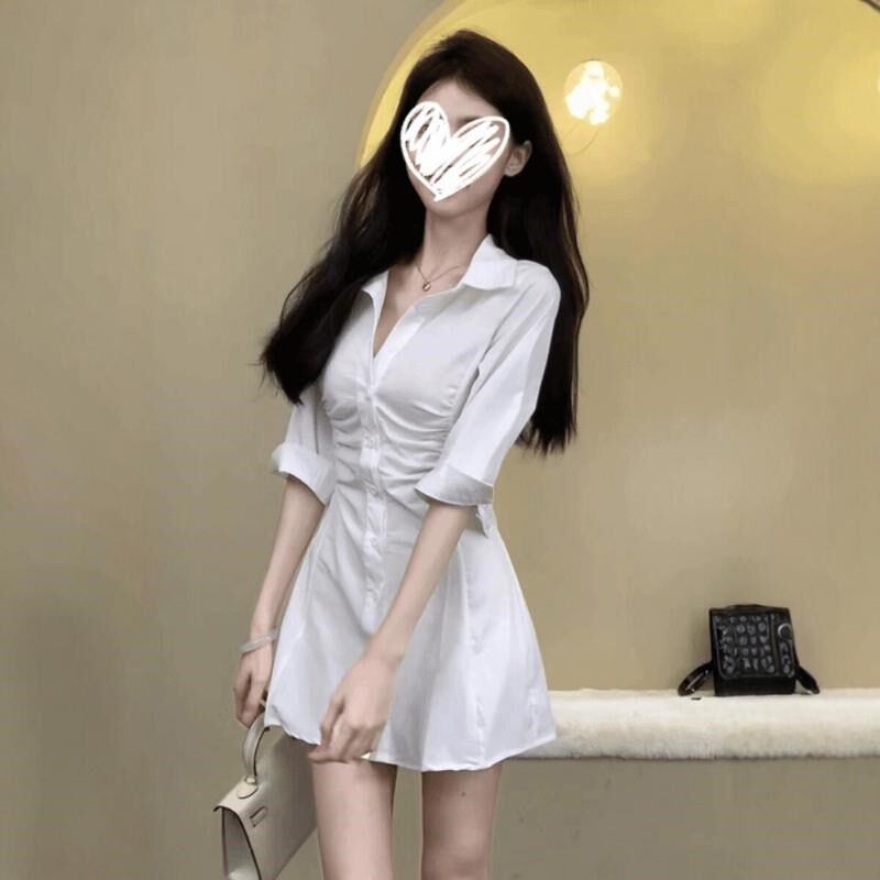 速发大码纯欲性感翻领连衣裙A字短裙辣妹风气质中长款衬衣