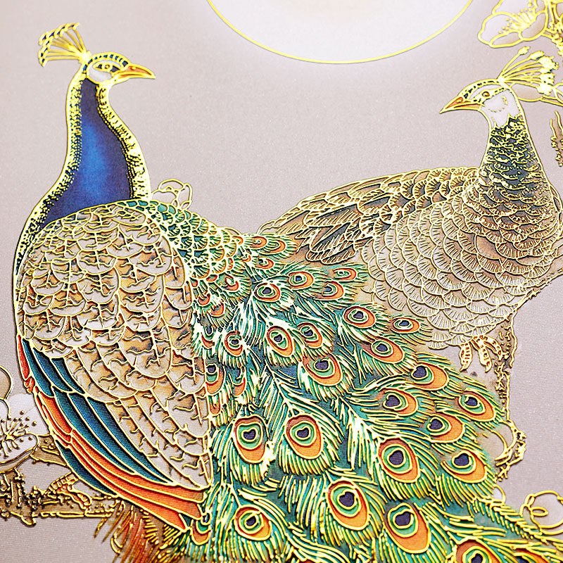 速发浮雕描金孔雀呈祥花鸟中式玄关装饰画入户走廊过道装饰画楼梯