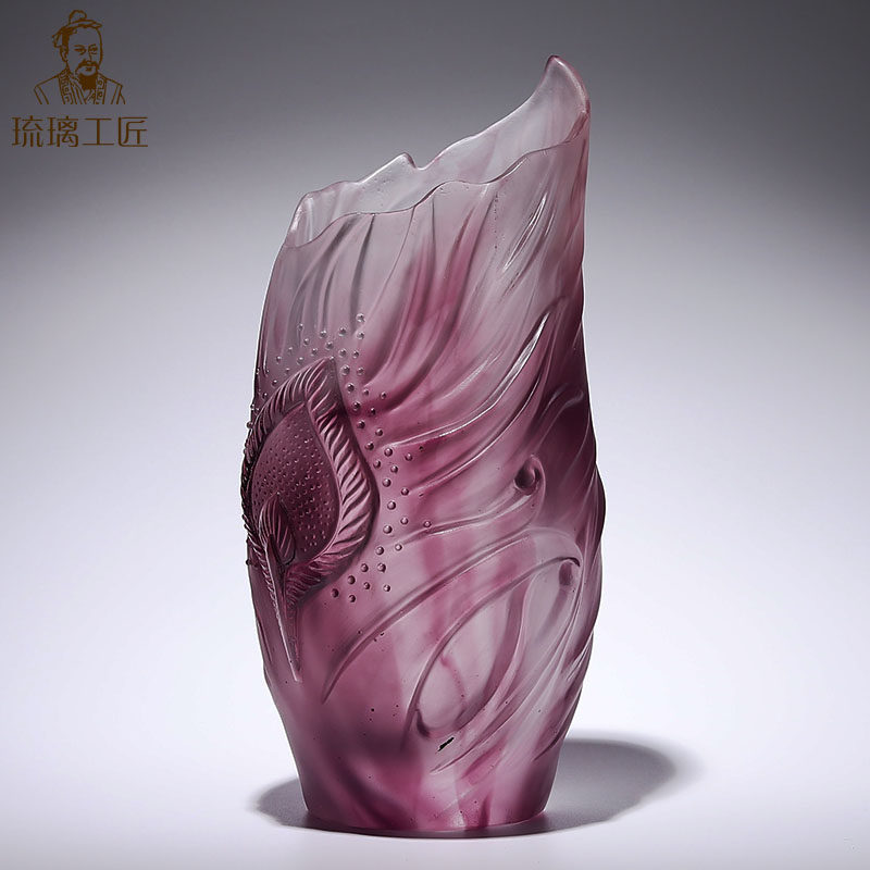 速发古法琉璃水晶艺术品摆件酒柜装饰品客厅电视柜插干花孔雀羽毛