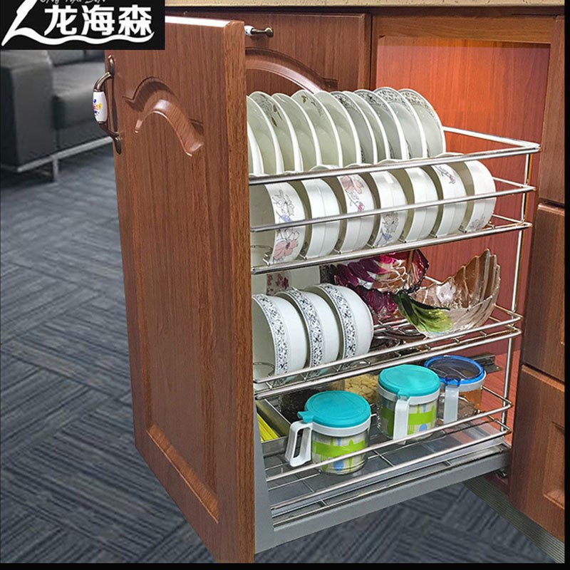 速发可批04不锈篮钢拉橱柜碗碟小拉篮厨房立式调味篮碗篮抽屉式