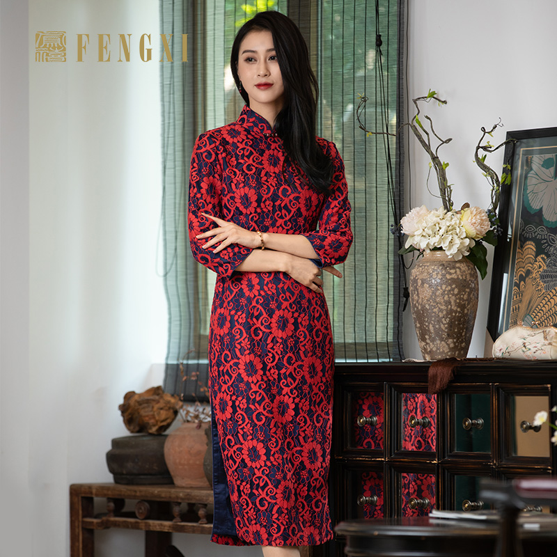 凤禧冬款正红色复古风高贵旗袍