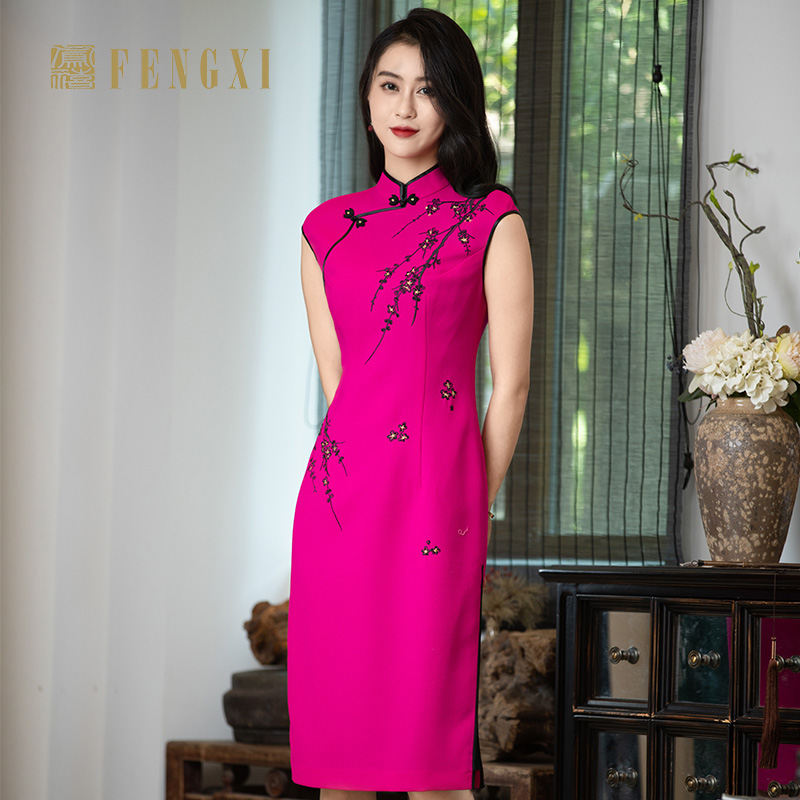 新款桃红色纯羊毛100%古典风旗袍