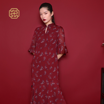 凤禧春夏新款中国风中袖水滴领宽松版休闲气质红色旗袍女式连衣裙