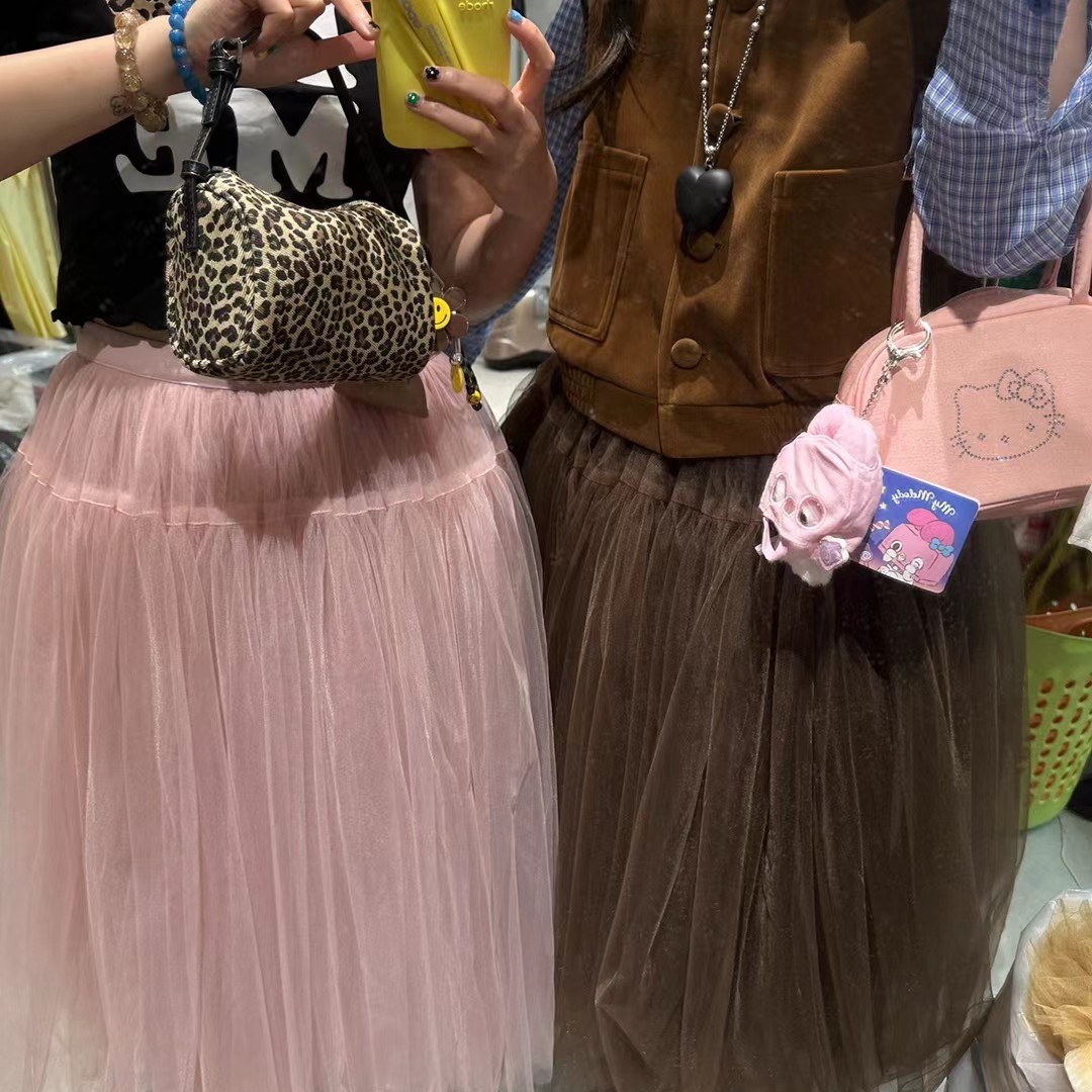 韩系纯色重工网纱松紧腰蓬蓬裙女