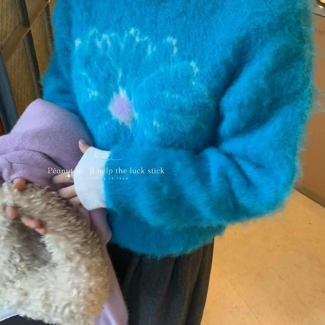 大花朵毛毛套头毛衣女2025