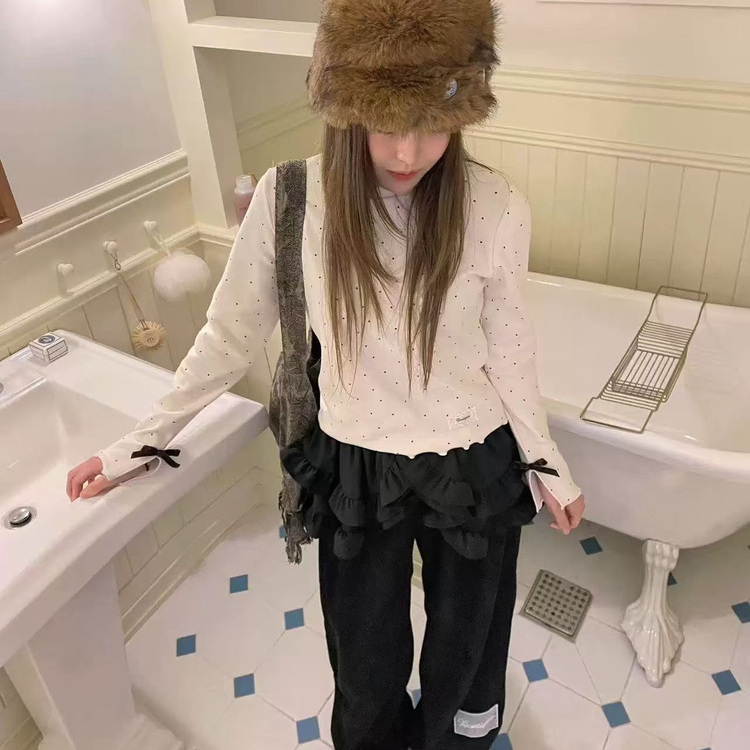 韩系复古小波点木耳边花边t恤