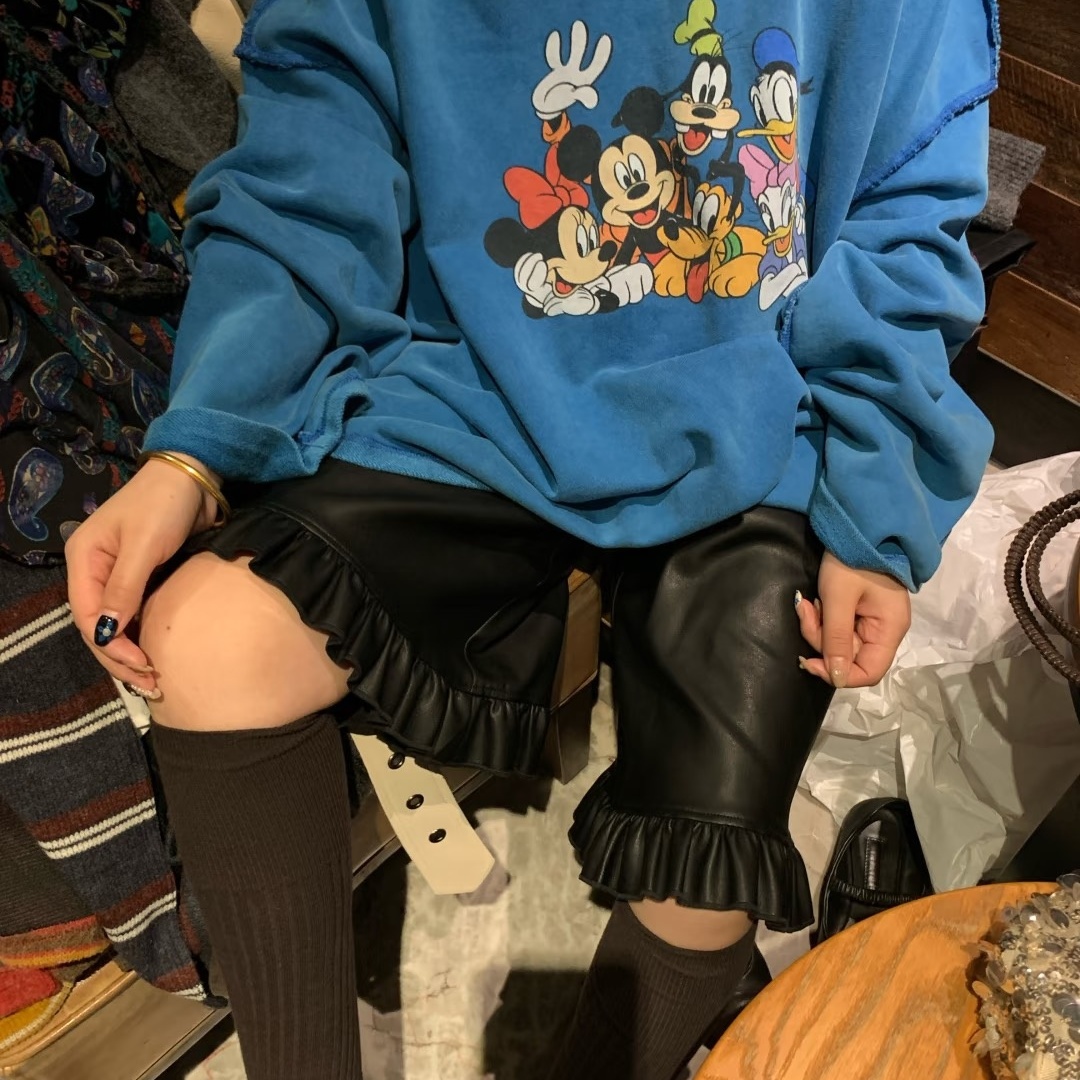 韩系纯色软糯PU皮花边休闲裤女