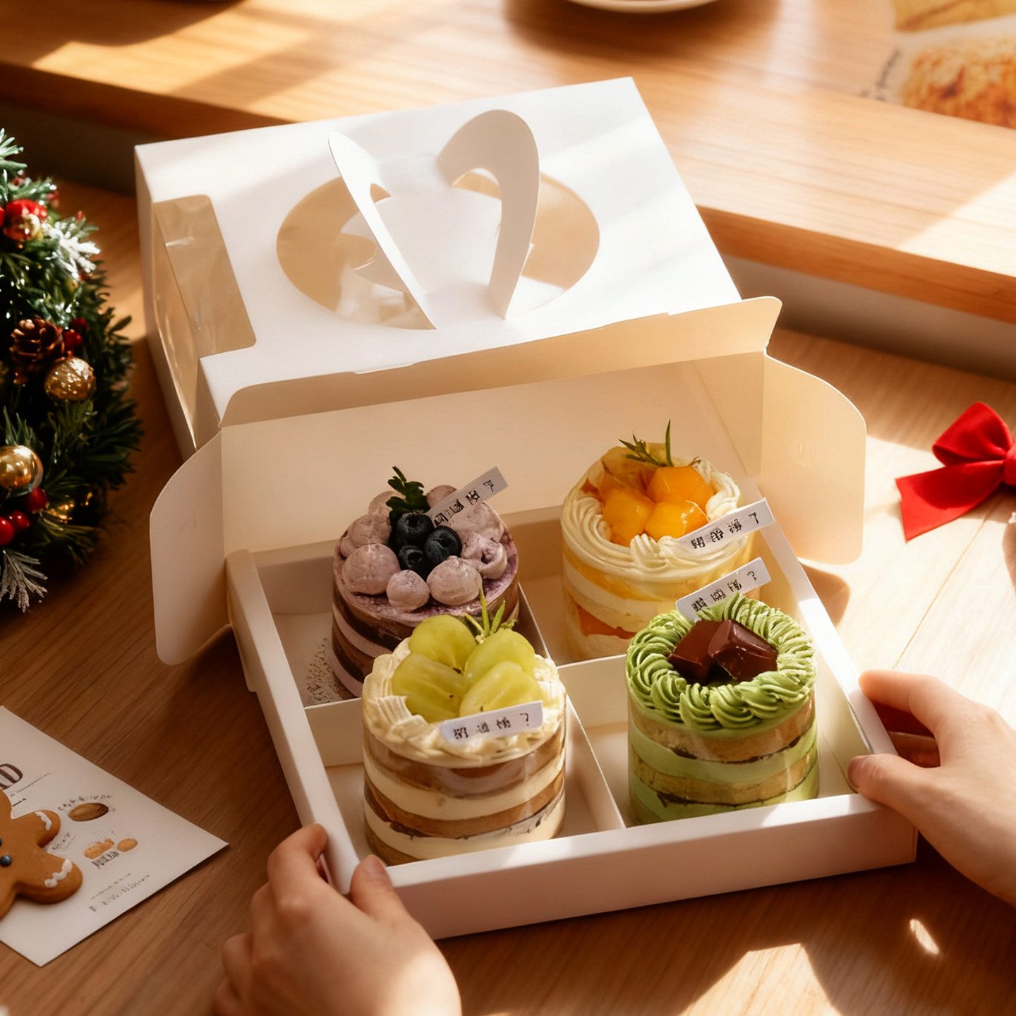 圣诞节46四六宫格甜品包装盒手提开窗野餐外带下午茶烘焙打包盒子
