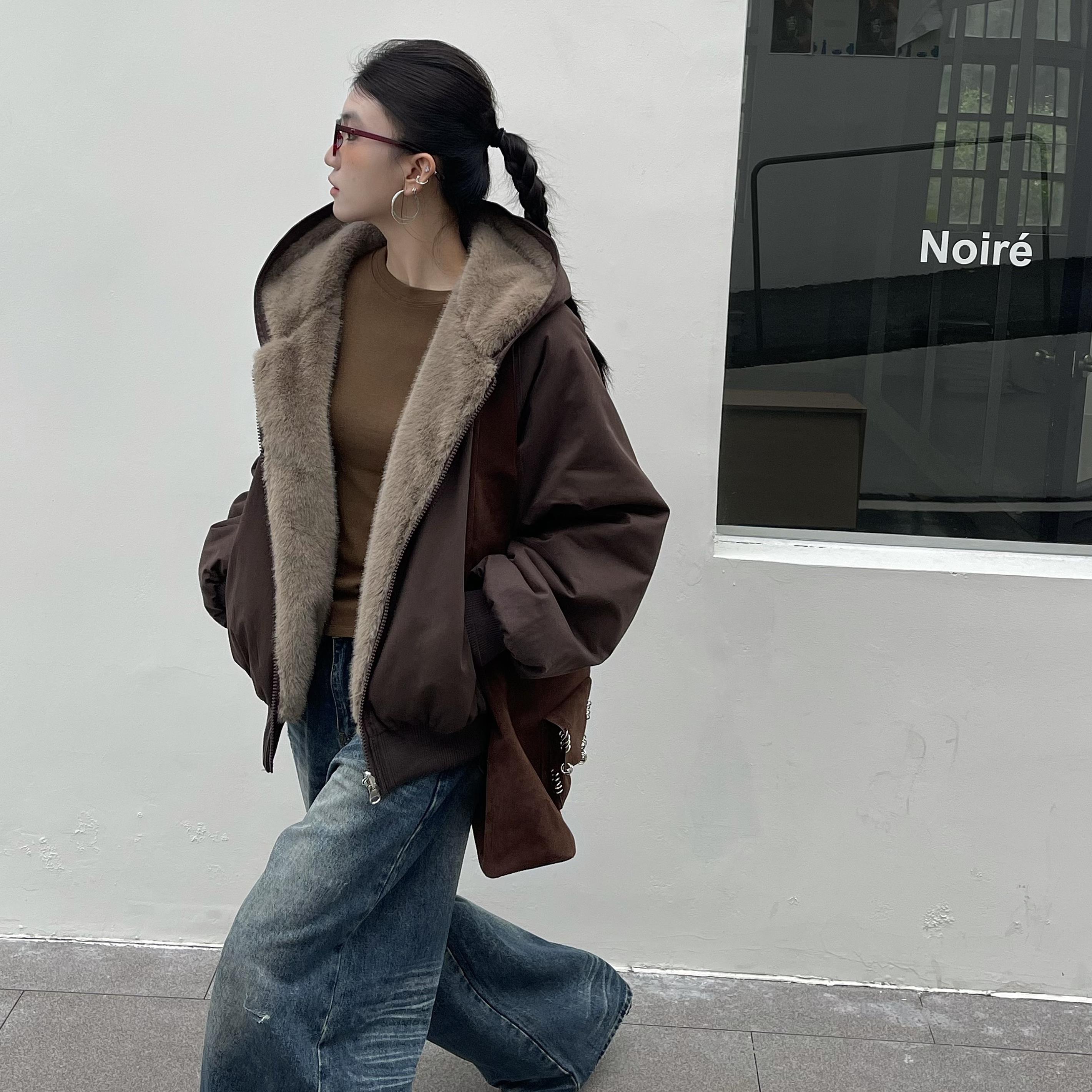 XN想什么念正反两穿连帽长袖水貂毛外套女冬百搭宽松保暖上衣