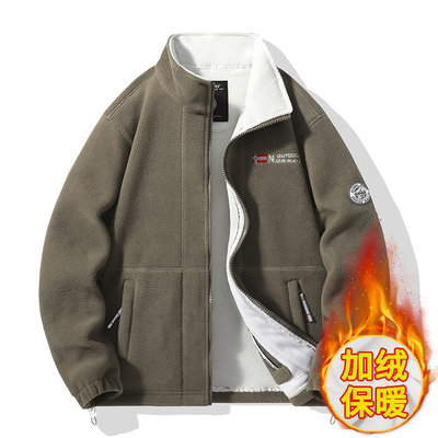 挪威加绒加厚保暖抓绒衣双层棉衣厚夹克外套抗寒立领多口袋有大码