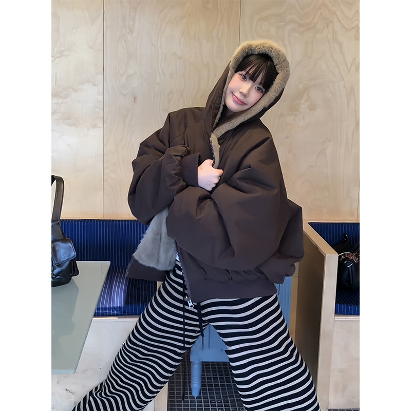 美式复古貂毛连帽座山雕棉服女款冬季加厚保暖情侣棉衣外套夹克