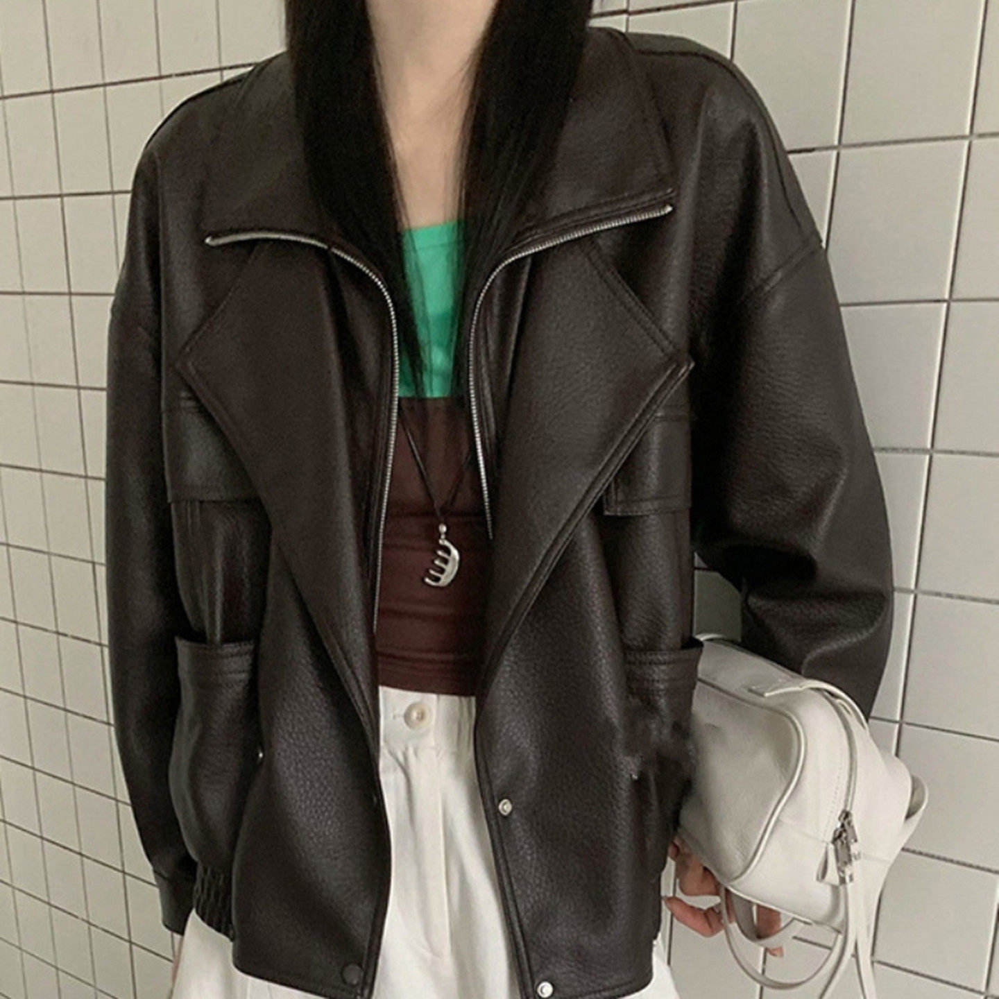 欧货2026早春宽松显瘦翻领短款小个子机车服PU皮衣外套女皮夹克潮