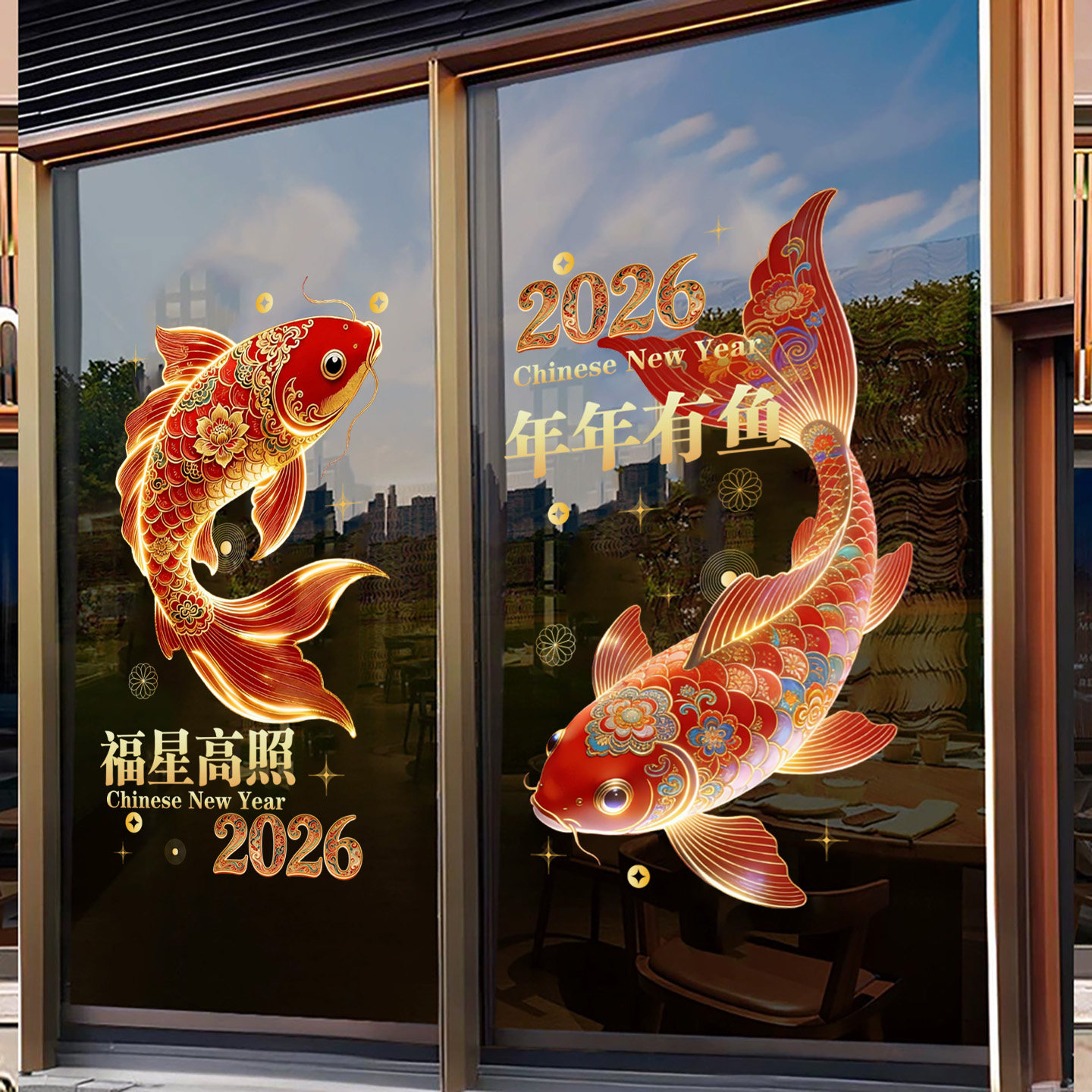 新年装饰贴纸年年有余布置静电装饰品春节玻璃商场窗花装扮马年贴