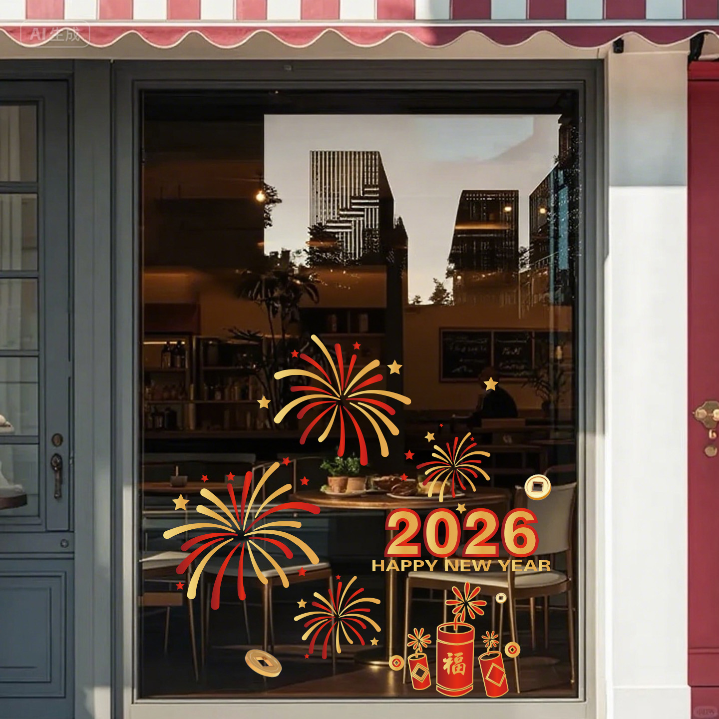 2026新年装饰静电贴纸商场商铺窗花贴新年烟花布置静电玻璃门贴画
