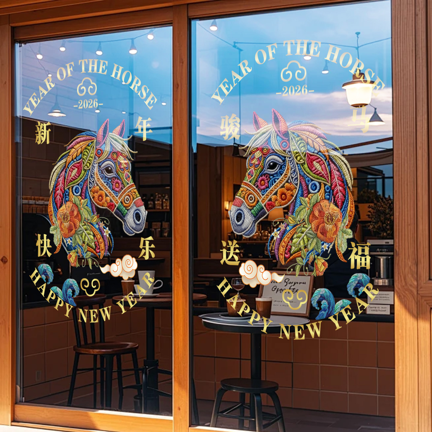 马年橱窗装饰窗花刺绣风静电贴纸
