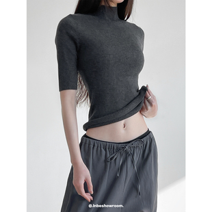 lnbeshowroom高级感半高领绵羊毛针织衫 T恤上衣 女修身 显瘦半袖
