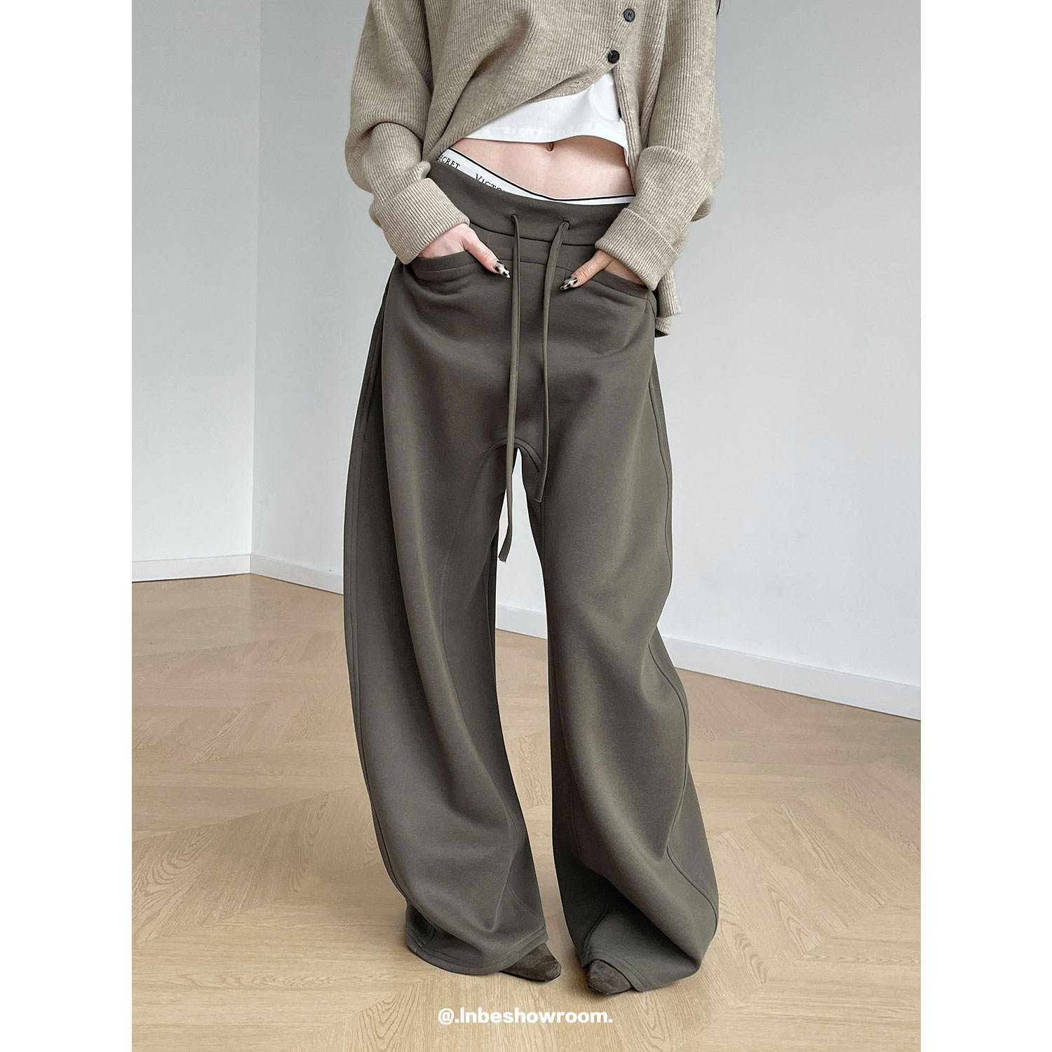 Inbeshowroom美式复古前插袋抽绳弯刀卫裤男女宽松廓形休闲长裤子,女装/女士精品,卫裤,淘宝优惠券,粉丝福利购,淘宝优惠卷