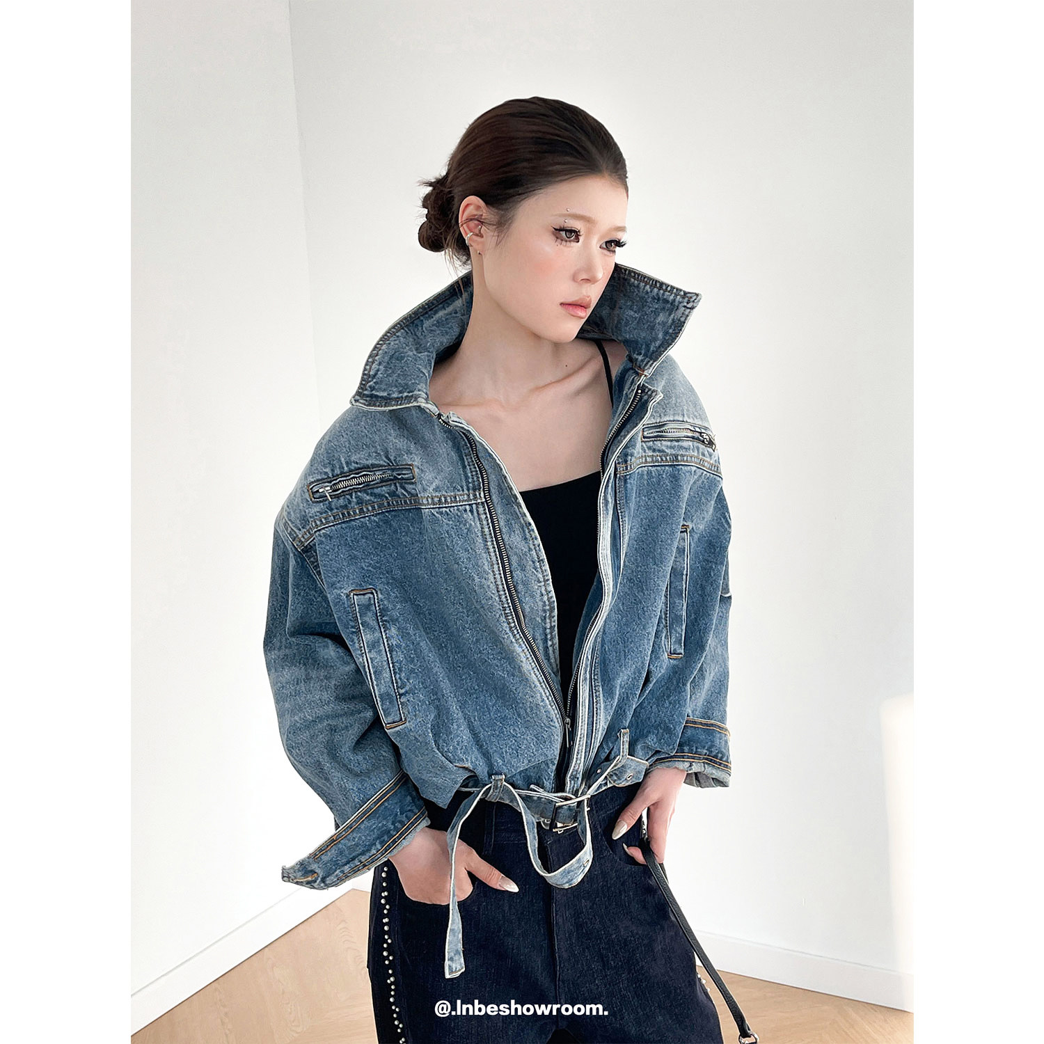 设计感系带收腰水洗牛仔衣外套