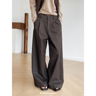 Inbeshowroom复古廓形感松紧腰宽松休闲裤 子 女直筒阔腿打褶长裤