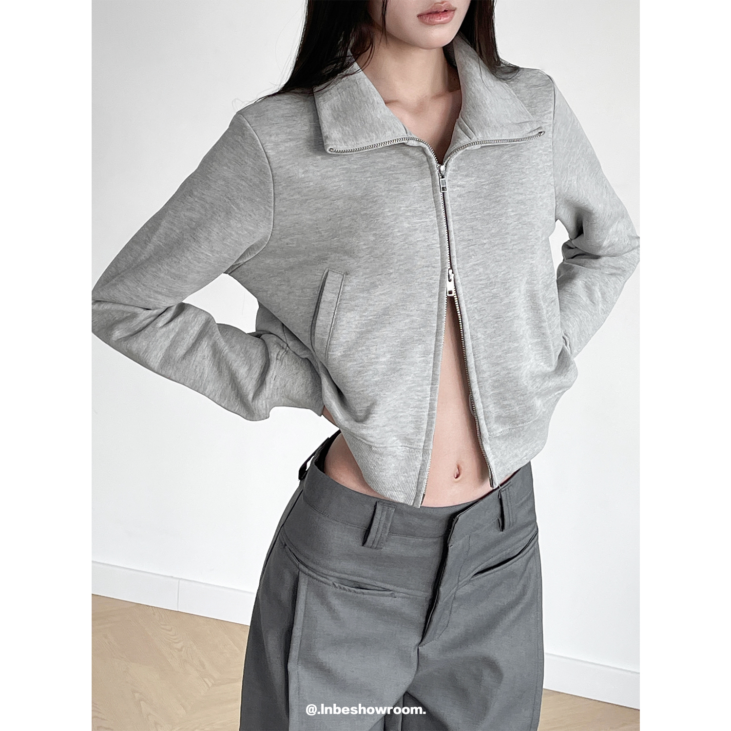 美式复古立领短款双拉链卫衣女