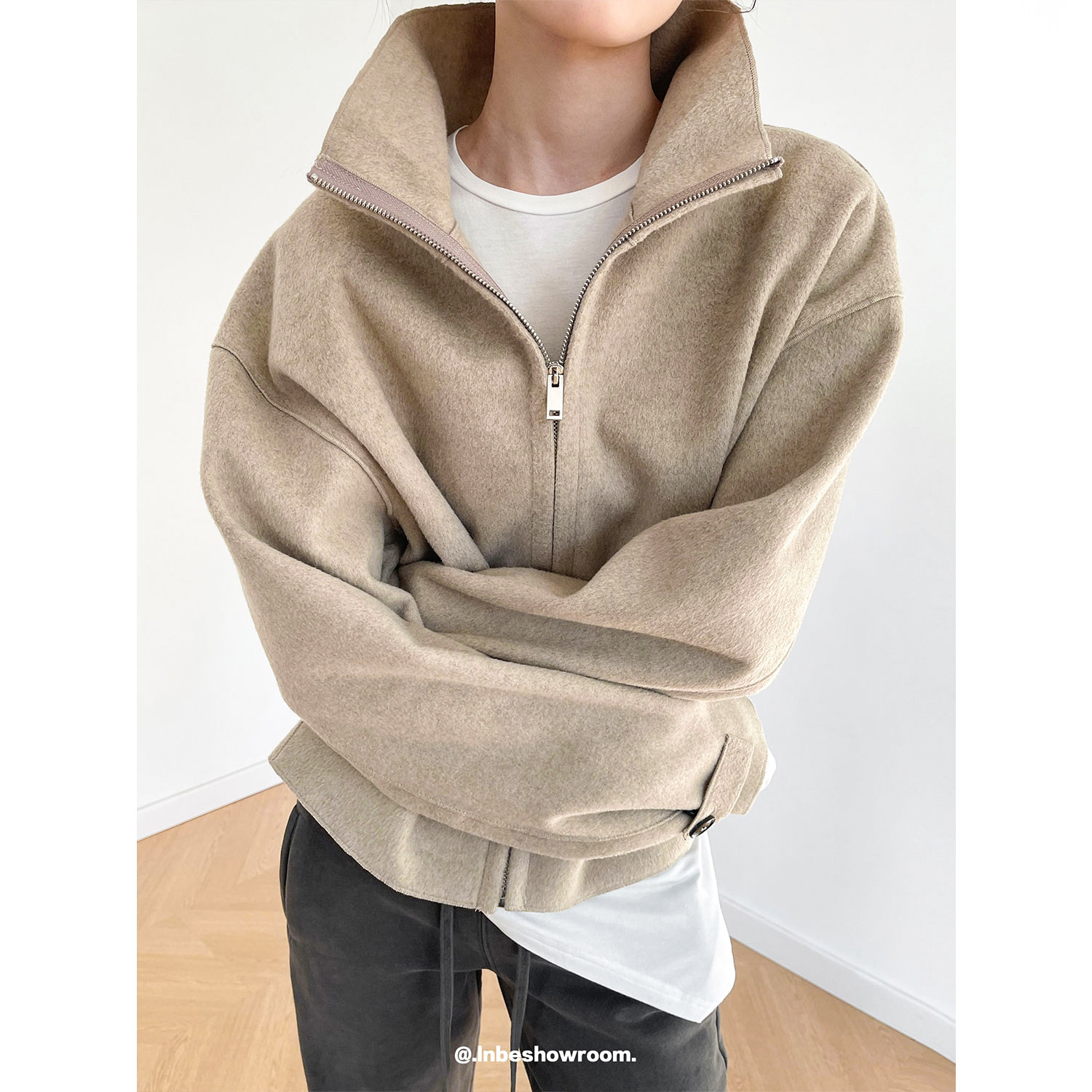 老钱风大立领拉链双面呢宽松外套