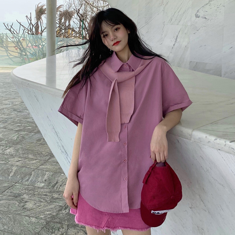 Real shot short sleeve shirt women's summer Korean loose and versatile student retro Hong Kong style design sense niche top